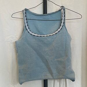Blue Tank Top with Embroidered Neckline